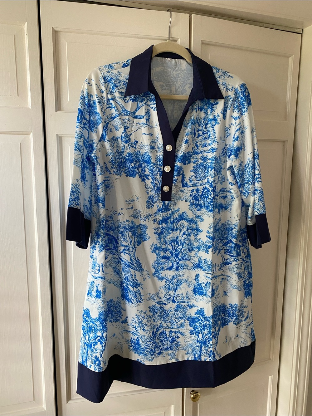 Blue & White Scenic Print Collared Dress with Navy Trim NWOT